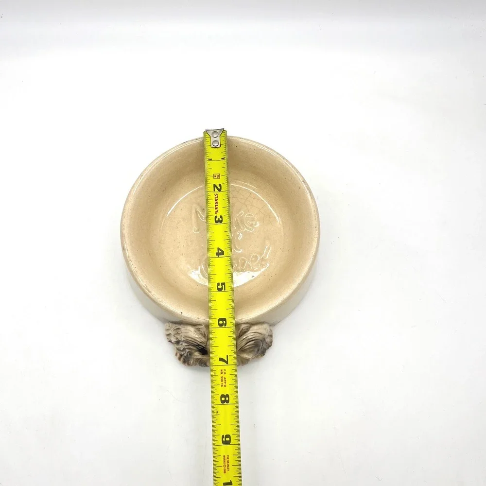Vintage Ceramic Dog Bowl 3D Face Make All Gone Beige Stoneware